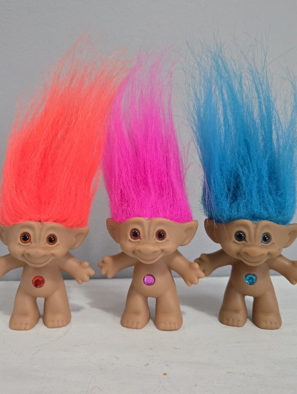 Vintage ACE Novelty Troll Doll Set with Bright Neon Hair - Pink, Blue, Orange